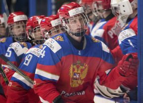 SPISSKA NOVA VES, SLOVAKIA - APRIL 13: Russia's Andrei Svechnikov #14 celebrates at the bench with teammates after a third period goal against Sweden during preliminary round action at the 2017 IIHF Ice Hockey U18 World Championship. (Photo by Steve Kingsman/HHOF-IIHF Images)