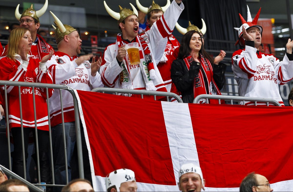 COLOGNE, GERMANY - MAY 14: Danish fans had a lot to celebrate in the first period at the 2010 IIHF World Championship. (Photo by Jukka Rautio/HHOF-IIHF Images)
