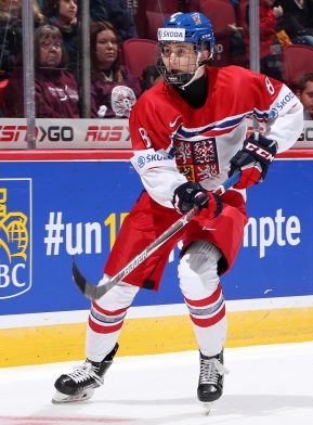 MONTREAL, CANADA - DECEMBER 27: The Czech Republic's Martin Necas #8 looks on during preliminary round action against Switzerland at the 2017 IIHF World Junior Championship. (Photo by Andre Ringuette/HHOF-IIHF Images)