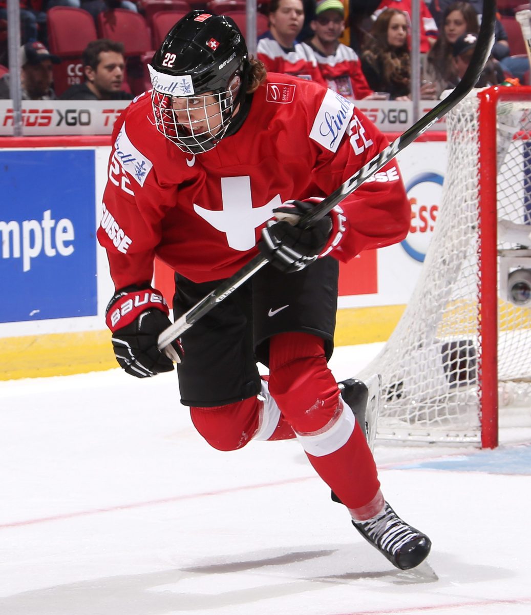 MONTREAL, CANADA - DECEMBER 27: Switzerland's Nando Eggenberger #22 skates during preliminary round action against the Czech Republic at the 2017 IIHF World Junior Championship. (Photo by Andre Ringuette/HHOF-IIHF Images)