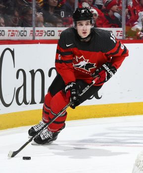 MONTREAL, CANADA - JANUARY 5: Canada's Taylor Raddysh #16 skates with the puck during gold medal game action against the U.S. at the 2017 IIHF World Junior Championship. (Photo by Matt Zambonin/HHOF-IIHF Images)