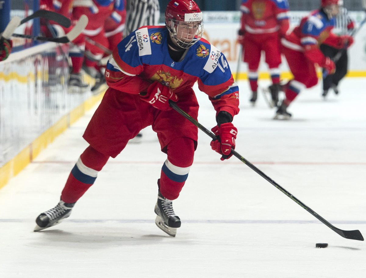 SPISSKA NOVA VES, SLOVAKIA - APRIL 17: Russia's Andrei Svechnikov #14 skates with the puck during preliminary round action against Belarus at the 2017 IIHF Ice Hockey U18 World Championship. (Photo by Steve Kingsman/HHOF-IIHF Images)