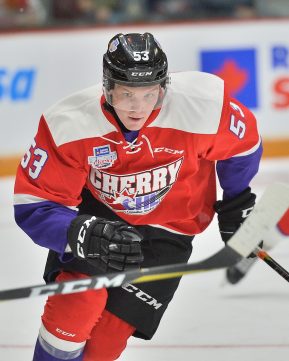 Ty Dellandrea of the Flint Firebirds represents Team Cherry in the 2018 Sherwin-Williams CHL / NHL Top Prospects Game held in Guelph,ON on Thursday January 25. Photo by Terry Wilson / CHL Images.
