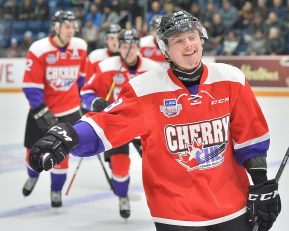 Aidan Dudas of the Owen Sound Attack represents Team Cherry in the 2018 Sherwin-Williams CHL / NHL Top Prospects Game held in Guelph,ON on Thursday January 25. Photo by Terry Wilson / CHL Images.