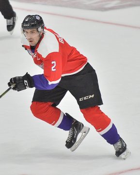 Evan Bouchard of the London Knights represents Team Cherry in the 2018 Sherwin-Williams CHL / NHL Top Prospects Game held in Guelph,ON on Thursday January 25. Photo by Terry Wilson / CHL Images.