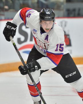 Jared McIsaac of the Halifax Mooseheads represents Team Or r in the 2018 Sherwin-Williams CHL / NHL Top Prospects Game held in Guelph,ON on Thursday January 25. Photo by Terry Wilson / CHL Images.