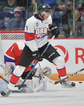 Serron Noel of the Oshawa Generals represents Team Or r in the 2018 Sherwin-Williams CHL / NHL Top Prospects Game held in Guelph,ON on Thursday January 25. Photo by Terry Wilson / CHL Images.