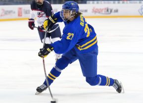 POPRAD, SLOVAKIA - APRIL 22: Sweden's Jacob Olofsson #27 lets a shot go during semifinal round action against the U.S. at the 2017 IIHF Ice Hockey U18 World Championship. (Photo by Steve Kingsman/HHOF-IIHF Images)