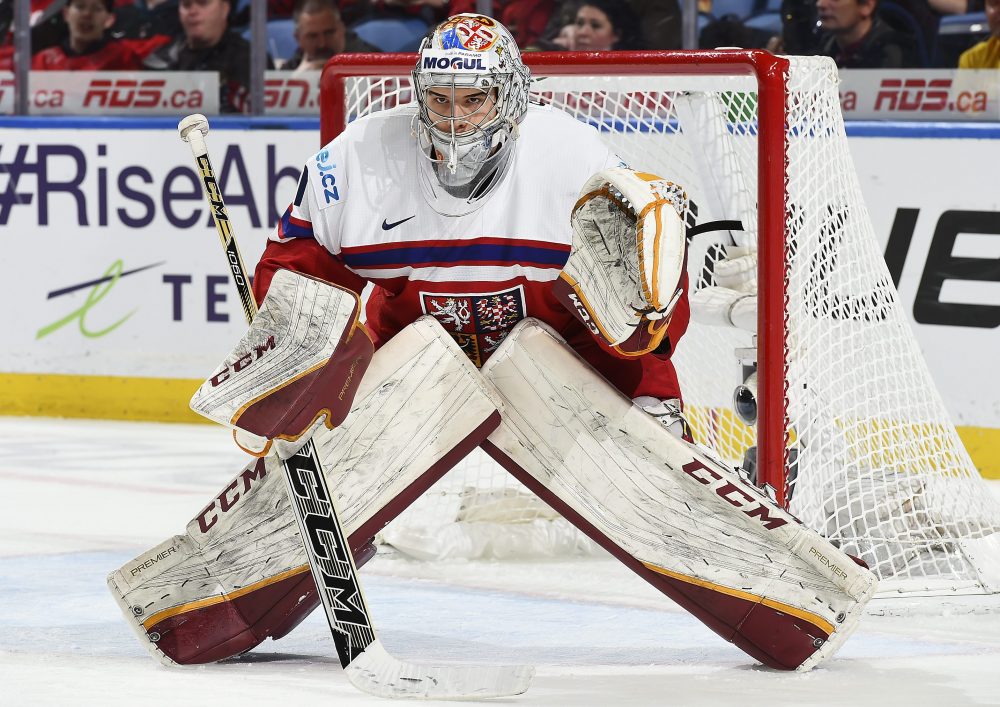 BUFFALO, NEW YORK - JANUARY 5: The Czech Republic's Jakub Skarek #1 looks on during bronze medal game action against the U.S. at the 2018 IIHF World Junior Championship. (Photo by Matt Zambonin/HHOF-IIHF Images)