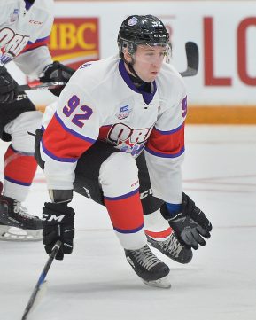 Anderson MacDonald of the Moncton Wildcats represents Team Or r in the 2018 Sherwin-Williams CHL / NHL Top Prospects Game held in Guelph,ON on Thursday January 25. Photo by Terry Wilson / CHL Images.