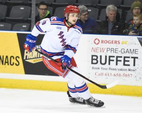 Logan Brown of the Kitchener Rangers. Photo by Aaron Bell/OHL Images