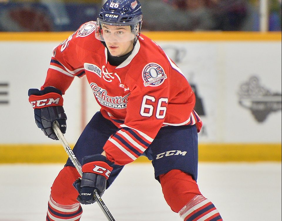 Nico Gross of the Oshawa Generals. Photo by Terry Wilson / OHL Images.