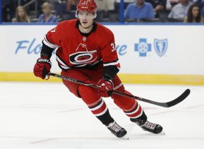 TAMPA, FL - SEPTEMBER 18: Carolina Hurricanes right wing Andrei Svechnikov (37) skates during the NHL preseason game between the Carolina Hurricanes and Tampa Bay Lightning on September 18, 2018, at Amalie Arena in Tampa, FL. (Photo by Mark LoMoglio/Icon Sportswire)