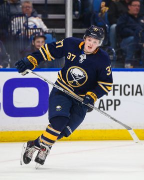 BUFFALO, NY - March 29: Buffalo Sabres center Casey Mittelstadt (37) skates with the puck in his first NHL game against the Detroit Red Wings and Buffalo Sabres on March 29, 2018 at the KeyBank Center in Buffalo, NY. (Jerome Davis/Icon Sportswire)