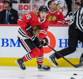 CHICAGO, IL - MARCH 29: Chicago Blackhawks center Dylan Sikura (95), playing in his first NHL game, skates with the puck in the 3rd period during an NHL hockey game between the Winnipeg Jets and the Chicago Blackhawks on March 29, 2018, at the United Center in Chicago, IL. The Blackhawks won 6-2. (Photo by Daniel Bartel/Icon Sportswire)