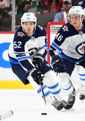 MINNEAPOLIS, MN - SEPTEMBER 21: Winnipeg Jets center Jack Roslovic (52) skates with the puck during a preseason NHL game between the Minnesota Wild and Winnipeg Jets on September 21, 2017 at Xcel Energy Center in St. Paul, MN. The Wild defeated the jets 1-0.(Photo by Nick Wosika/Icon Sportswire)