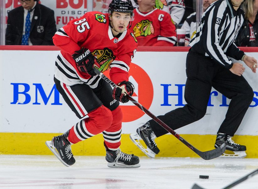 CHICAGO, IL - MARCH 29: Chicago Blackhawks center Dylan Sikura (95), playing in his first NHL game, skates with the puck in the 3rd period during an NHL hockey game between the Winnipeg Jets and the Chicago Blackhawks on March 29, 2018, at the United Center in Chicago, IL. The Blackhawks won 6-2. (Photo by Daniel Bartel/Icon Sportswire)