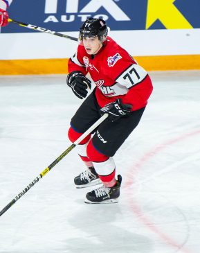 KAMLOOPS, CANADA - NOVEMBER 5:  Kirby Dach #77 of Team WHL skates against the Team Russia on November 5, 2018 at Sandman Centre in Kamloops, British Columbia, Canada.  (Photo by Marissa Baecker/Shoot the Breeze)