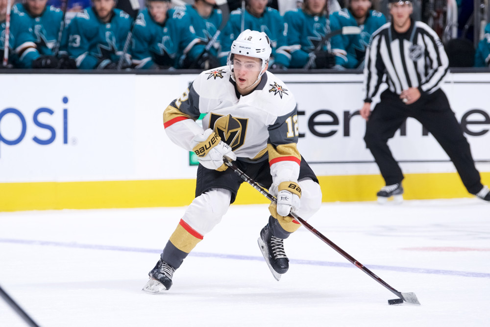 SAN JOSE, CA - SEPTEMBER 22: Vegas Golden Knights defenseman Erik Brannstrom (12) enters the zone during the San Jose Sharks game versus the Vegas Golden Knights on September 22, 2018, at SAP Center at San Jose in San Jose, CA. (Photo by Matt Cohen/Icon Sportswire)