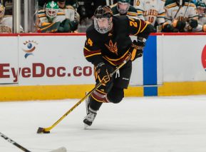 GLENDALE, AZ - DECEMBER 28: Arizona State Sun Devils defenseman Joshua Maniscalco (24) skates with the puck during the college hockey game between the Clarkson Golden Knights and the ASU Sun Devils on December 28, 2018 at Gila River Arena in Glendale, Arizona. (Photo by Kevin Abele/Icon Sportswire)