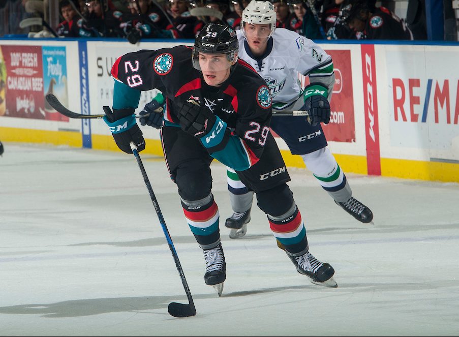 KELOWNA, CANADA - OCTOBER 10:  Nolan Foote #29 of the Kelowna Rockets skates for the net against the Seattle Thunderbirds on October 10, 2018 at Prospera Place in Kelowna, British Columbia, Canada.  (Photo by Marissa Baecker/Shoot the Breeze