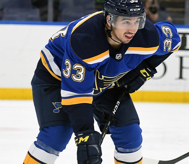 ST. LOUIS, MO. - DECEMBER 09: St. Louis Blues center Jordan Kyrou (33) during a NHL game between the Vancouver Canucks and the St. Louis Blues on December 09, 2018, at Enterprise Center, St. Louis, MO. (Photo by Keith Gillett/Icon Sportswire)