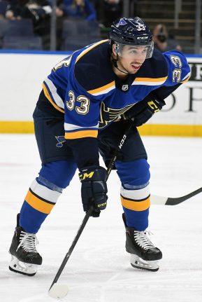 ST. LOUIS, MO. - DECEMBER 09: St. Louis Blues center Jordan Kyrou (33) during a NHL game between the Vancouver Canucks and the St. Louis Blues on December 09, 2018, at Enterprise Center, St. Louis, MO. (Photo by Keith Gillett/Icon Sportswire)
