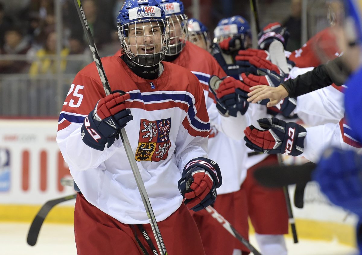 CHELYABINSK, RUSSIA - APRIL 29: The Czech Republic's Michal Teply #25 celebrates after scoring a second period goal against Sweden during bronze medal game action at the 2018 IIHF Ice Hockey U18 World Championship. (Photo by Steve Kingsman/HHOF-IIHF Images)