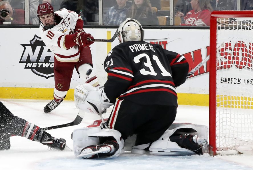 BOSTON, MA - FEBRUARY 11: Boston College Eagles forward Christopher Brown (10) rips a shot on Northeastern goalie Cayden Primeau (31) during the 2019 Beanpot Championship Game between the Boston College Eagles and the Northeastern University Huskies on February 11, 2019, at TD Garden in Boston, Massachusetts. (Photo by Fred Kfoury III/Icon Sportswire)