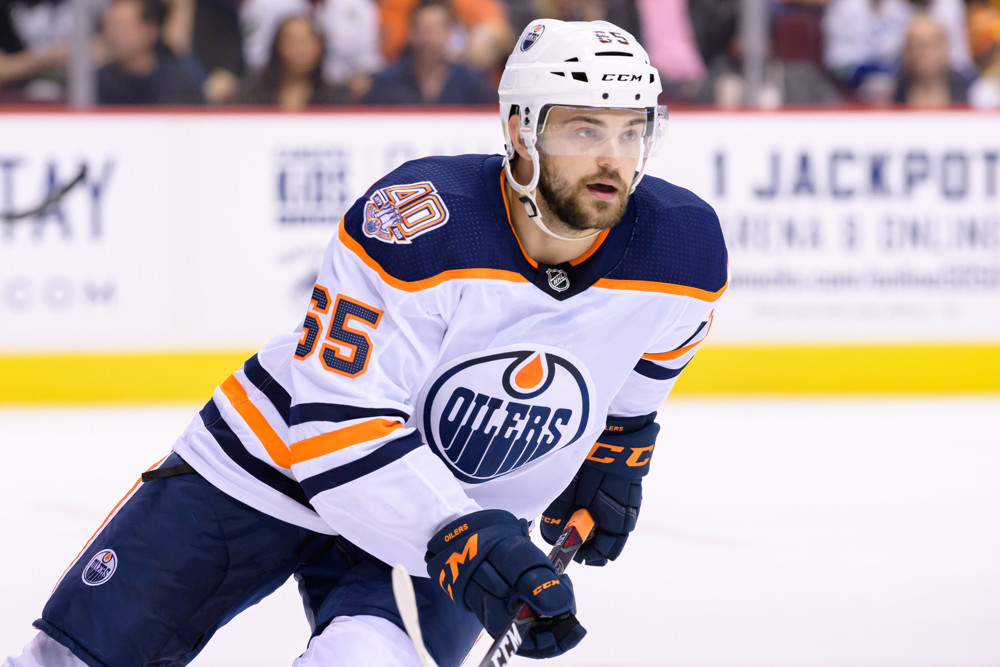 VANCOUVER, BC - SEPTEMBER 18: Edmonton Oilers center Cooper Marody (65) skates up ice during their NHL preseason game against the Vancouver Canucks at Rogers Arena on September 18, 2018 in Vancouver, British Columbia, Canada. Edmonton won 4-2. (Photo by Derek Cain/Icon Sportswire)