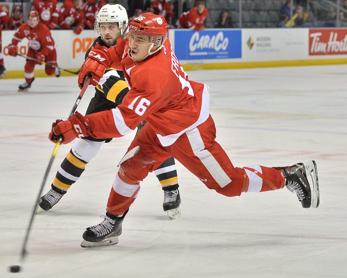 Morgan Frost of the Sault Ste. Marie Grehounds. Photo by Terry Wilson / OHL Images.