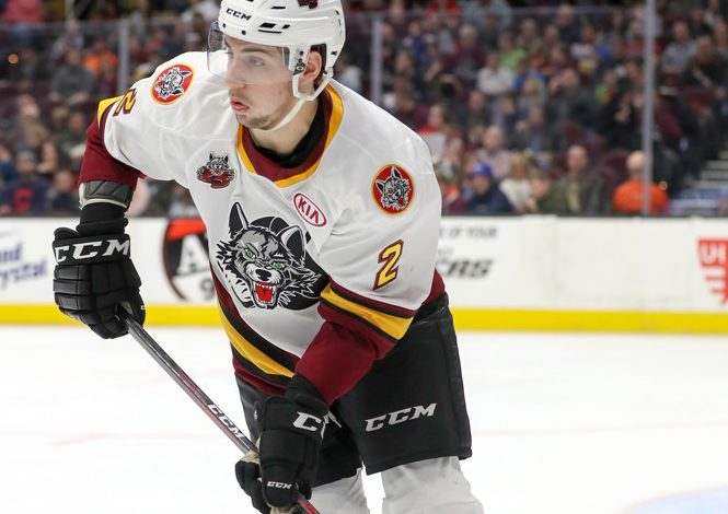 CLEVELAND, OH - JANUARY 26: Chicago Wolves defenceman Nic Hague (2) plays the puck during the second period of the American Hockey League game between the Chicago Wolves and Cleveland Monsters on January 26, 2019, at Quicken Loans Arena in Cleveland, OH. (Photo by Frank Jansky/Icon Sportswire)