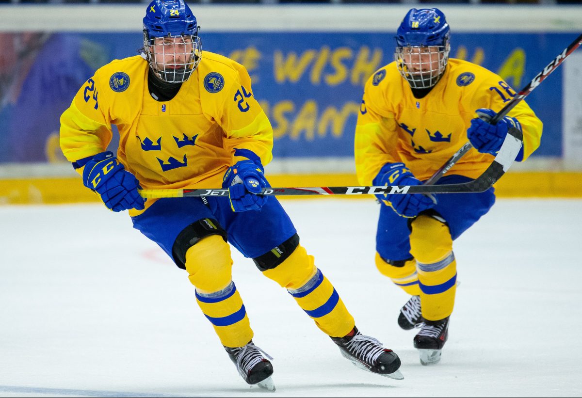 Albin Grewe of Sweden during the ice hockey semi final game in The IIHF U18 World Championship between Canada and Sweden on April 27 in Örnsköldsvik. Photo: Johan Löf / BILDBYRÅN