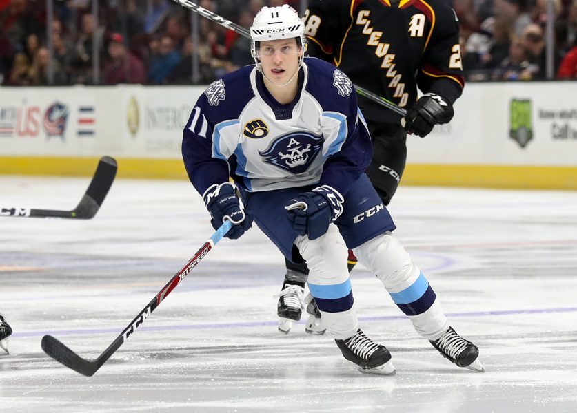 CLEVELAND, OH - FEBRUARY 22: Milwaukee Admirals forward Eeli Tolvanen (11) on the ice during the first period of the American Hockey League game between the Milwaukee Admirals and Cleveland Monsters on February 22, 2019, at Quicken Loans Arena in Cleveland, OH. (Photo by Frank Jansky/Icon Sportswire)