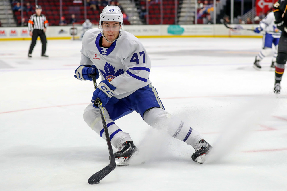 CLEVELAND, OH - JANUARY 23: Toronto Marlies right wing Jeremy Bracco (27) controld the puck during the first period of the American Hockey League game between the Toronto Marlies and Cleveland Monsters on January 23, 2019, at Quicken Loans Arena in Cleveland, OH. (Photo by Frank Jansky/Icon Sportswire)