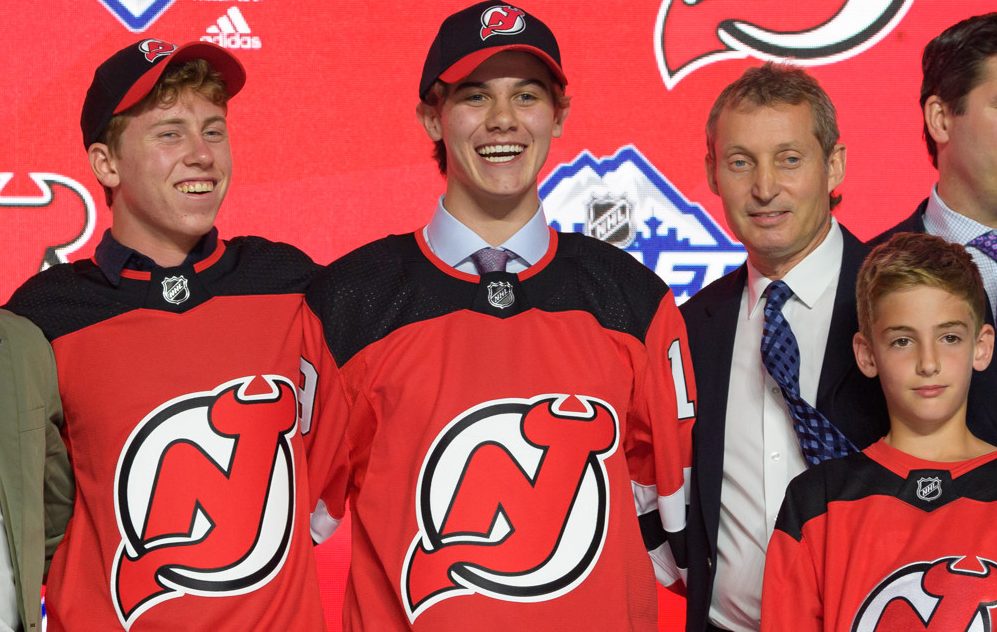 VANCOUVER, BC - JUNE 21:  Jack Hughes poses for a photo onstage after being selected first overall by the New Jersey Devils during the first round of the 2019 NHL Draft at Rogers Arena on June 21, 2019 in Vancouver, British Columbia, Canada. (Photo by Derek Cain/Icon Sportswire)