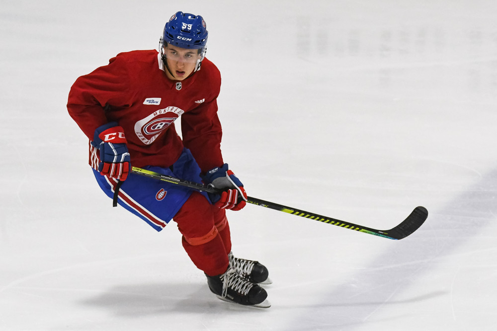 BROSSARD, QC - JUNE 28: Montreal Canadiens prospect Gianni Fairbrother (59) tracks the play during the Montreal Canadiens Development Camp on June 28, 2019, at Bell Sports Complex in Brossard, QC (Photo by David Kirouac/Icon Sportswire)