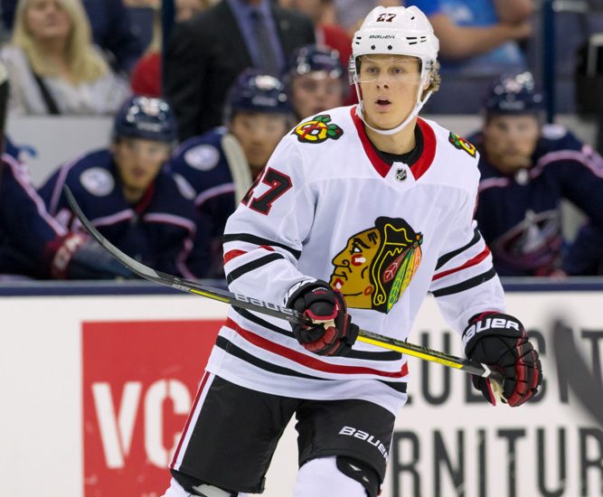 COLUMBUS, OH - SEPTEMBER 18: Adam Boqvist (27) of the Chicago Blackhawks skates the ice in a game between the Columbus Blue Jackets and the Chicago Blackhawks on September 18, 2018 at Nationwide Arena in Columbus, OH. The Blue Jackets won 4-1. (Photo by Adam Lacy/Icon Sportswire)