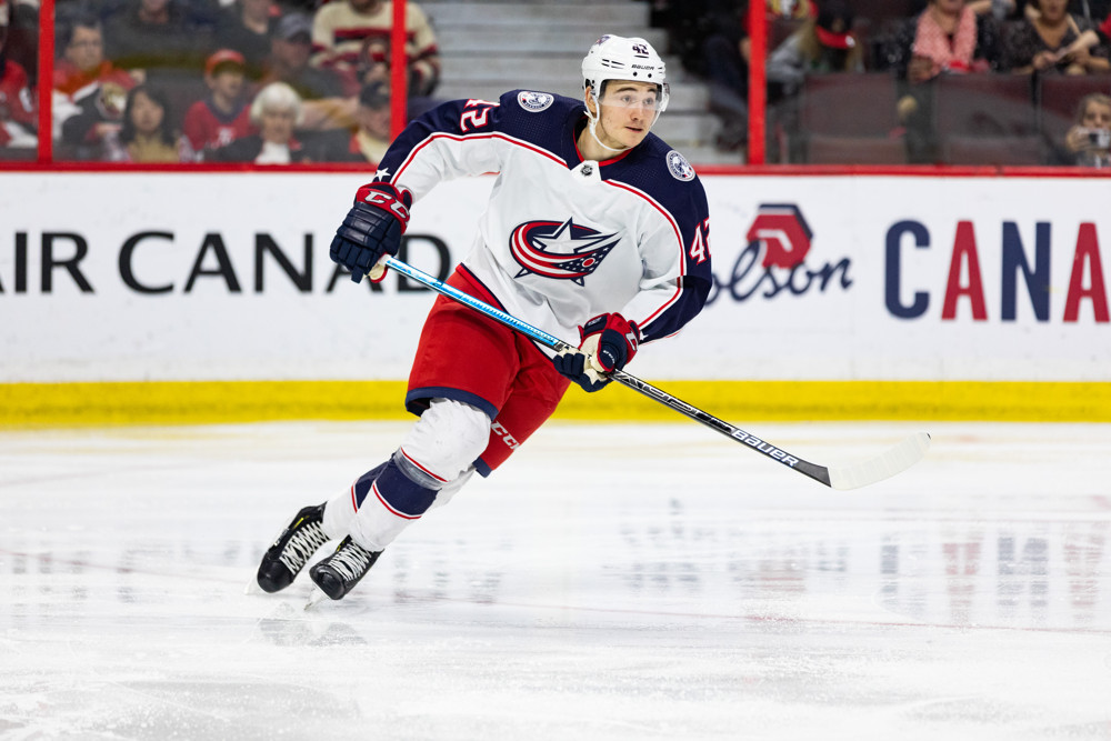 OTTAWA, ON - APRIL 06: Columbus Blue Jackets Center Alexandre Texier (42) keeps eyes on the play during second period National Hockey League action between the Columbus Blue Jackets and Ottawa Senators on April 6, 2019, at Canadian Tire Centre in Ottawa, ON, Canada. (Photo by Richard A. Whittaker/Icon Sportswire)