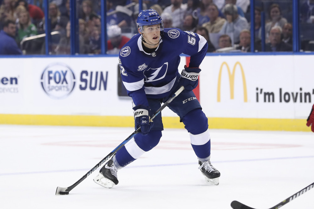 TAMPA, FL - SEPTEMBER 19: Tampa Bay Lightning defenseman Callan Foote (52) in action during the NHL preseason game between the Carolina Hurricanes and Tampa Bay Lightning on September 19, 2017, at Amalie Arena in Tampa, FL. (Photo by Mark LoMoglio/Icon Sportswire)