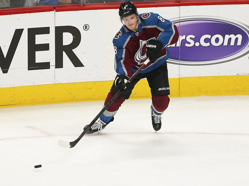 DENVER, CO - APRIL 17:  Colorado Avalanche defenseman Cale Makar (8) makes a pass during a Western Conference match-up in the first round of the Stanley Cup Playoffs on April 17, 2019 at the Pepsi Center in Denver, CO. (Photo by Russell Lansford/Icon Sportswire)