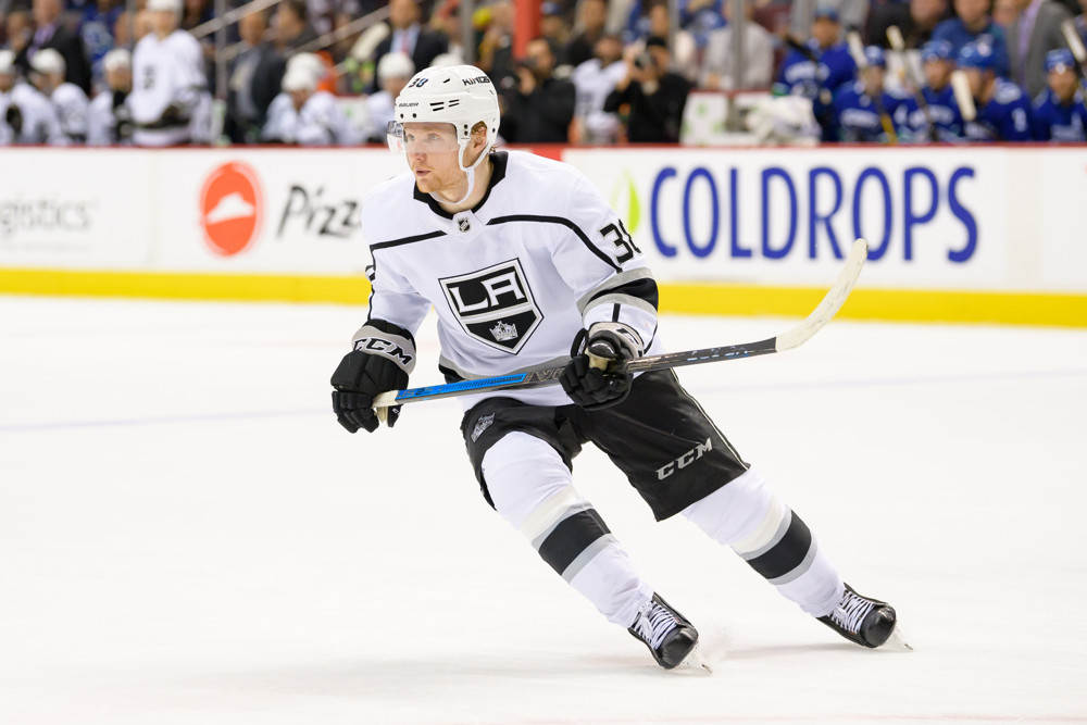 VANCOUVER, BC - MARCH 28:  Los Angeles Kings Left Wing Carl Grundstrom (38) skates up ice during their NHL game against the Vancouver Canucks at Rogers Arena on March 28, 2019 in Vancouver, British Columbia, Canada. Vancouver won 3-2 in a shootout. (Photo by Derek Cain/Icon Sportswire)