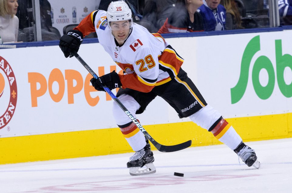 TORONTO, ON - OCTOBER 29: Calgary Flames Left Wing Dillon Dube (29) skates with the puck during the NHL regular season game between the Calgary Flames and the Toronto Maple Leafs on October 29, 2018, at Scotiabank Arena in Toronto, ON, Canada. (Photo by Julian Avram/Icon Sportswire)