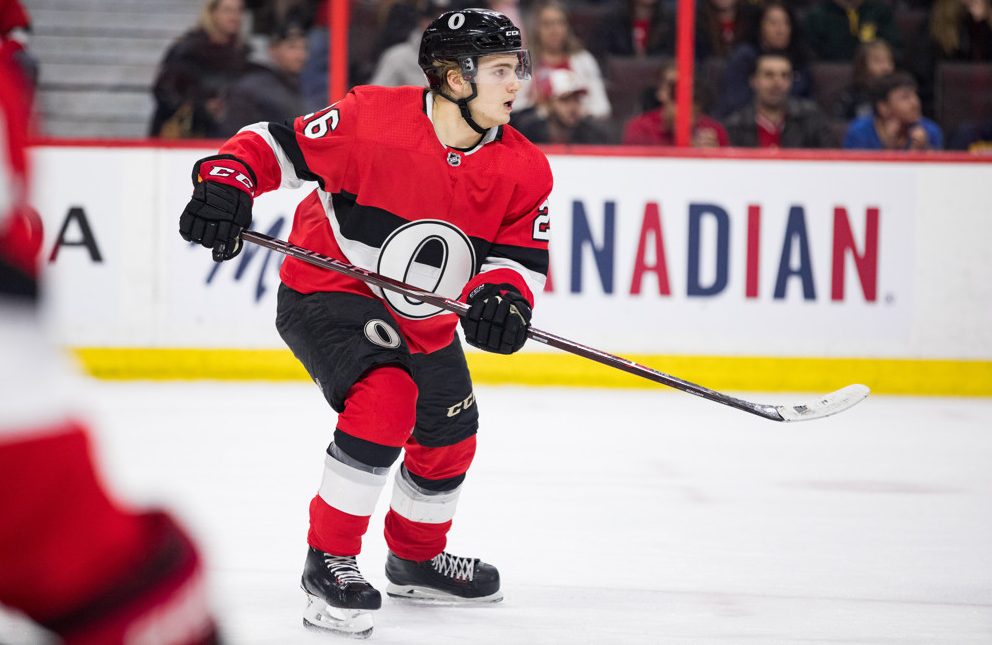 OTTAWA, ON - MARCH 14: Ottawa Senators Defenceman Erik Brannstrom (26) keeps eyes on the play during first period National Hockey League action between the St. Louis Blues and Ottawa Senators on March 14, 2019, at Canadian Tire Centre in Ottawa, ON, Canada. (Photo by Richard A. Whittaker/Icon Sportswire)