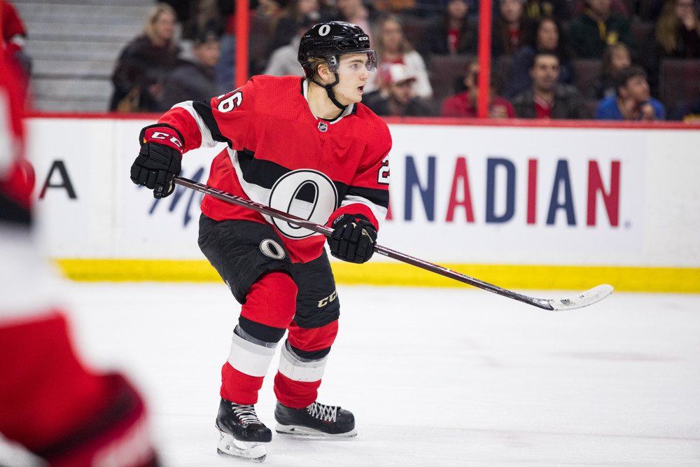 OTTAWA, ON - MARCH 14: Ottawa Senators Defenceman Erik Brannstrom (26) keeps eyes on the play during first period National Hockey League action between the St. Louis Blues and Ottawa Senators on March 14, 2019, at Canadian Tire Centre in Ottawa, ON, Canada. (Photo by Richard A. Whittaker/Icon Sportswire)