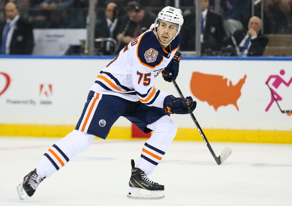 NEW YORK, NY - OCTOBER 13: Edmonton Oilers Defenceman Evan Bouchard (75) is pictured prior to the National Hockey League preseason game between the Edmonton Oilers and the New York Rangers on October 13, 2018 at Madison Square Garden in New York, NY. (Photo by Joshua Sarner/Icon Sportswire)
