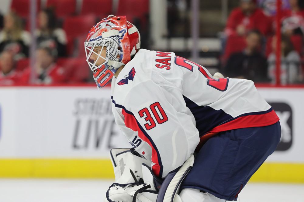RALEIGH, NC - SEPTEMBER 21: Washington Capitals goaltender Ilya Samsonov (30) during the 3rd period of the preseason Carolina Hurricanes game versus the Washington Capitals on September 21, 2018 at PNC Arena in Raleigh, NC. (Photo by Jaylynn Nash/Icon Sportswire)