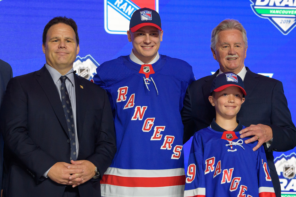 VANCOUVER, BC - JUNE 21:  Kaapo Kakko poses for a photo onstage after being selected second overall by the New York Rangers during the first round of the 2019 NHL Draft at Rogers Arena on June 21, 2019 in Vancouver, British Columbia, Canada. (Photo by Derek Cain/Icon Sportswire)