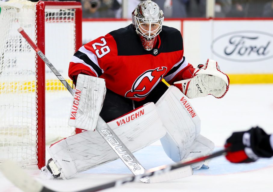 NEWARK, NJ - JANUARY 14:  New Jersey Devils goaltender Mackenzie Blackwood (29) during the first period of the National Hockey League game between the New Jersey Devils and the Chicago Blackhawks on January 14, 2019, at the Prudential Center in Newark, NJ.   (Photo by Rich Graessle/Icon Sportswire)