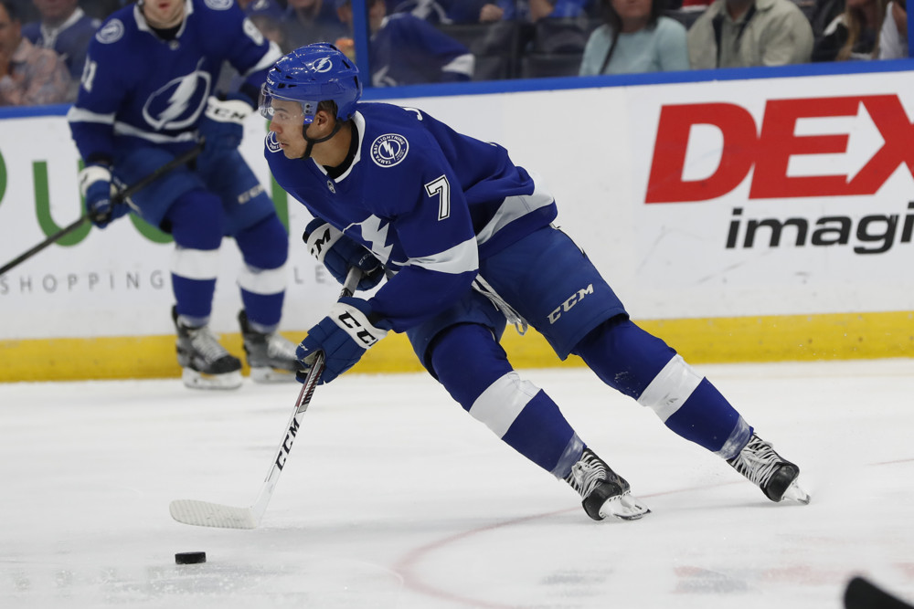 Tampa Bay Lightning right wing Mathieu Joseph (Photo by Mark LoMoglio/Icon Sportswire)